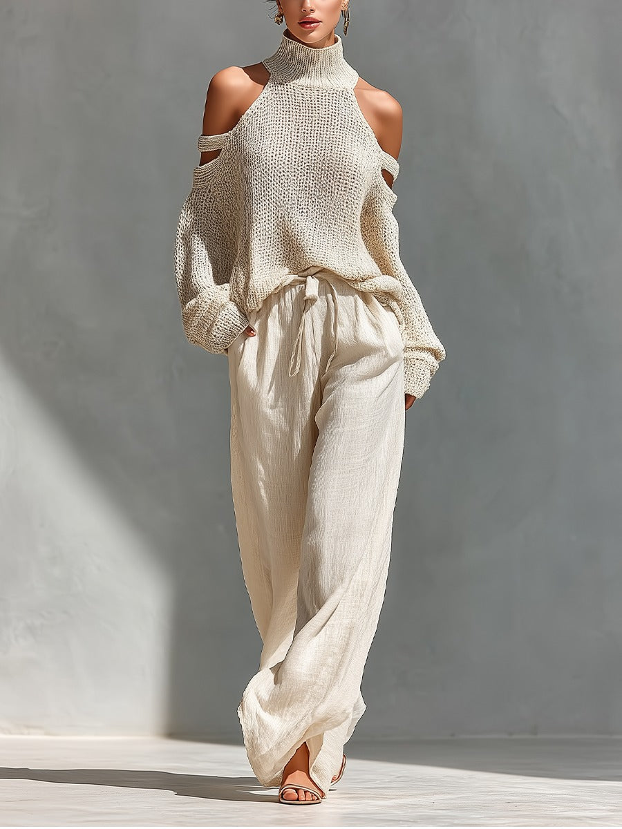 Konstanze | Damen Strickpullover Cut-Out-Schulter Zweiteiler - Beige - Image 1