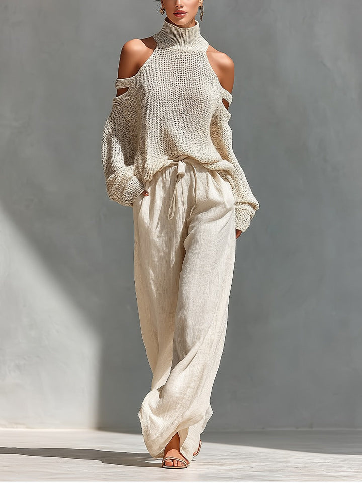 Konstanze | Damen Strickpullover Cut-Out-Schulter Zweiteiler - Beige - Image 1