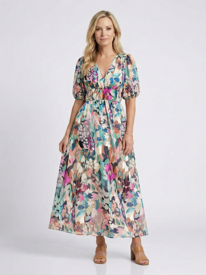 Konstanze | Damen V-Ausschnitt Blumendruck Midi Kleid - Floral - Image 1