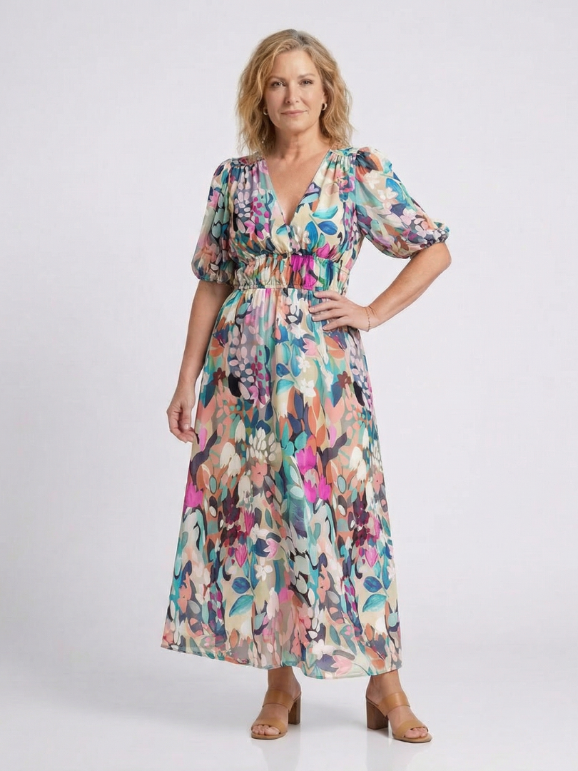 Konstanze | Damen V-Ausschnitt Blumendruck Midi Kleid - Floral - Image 3