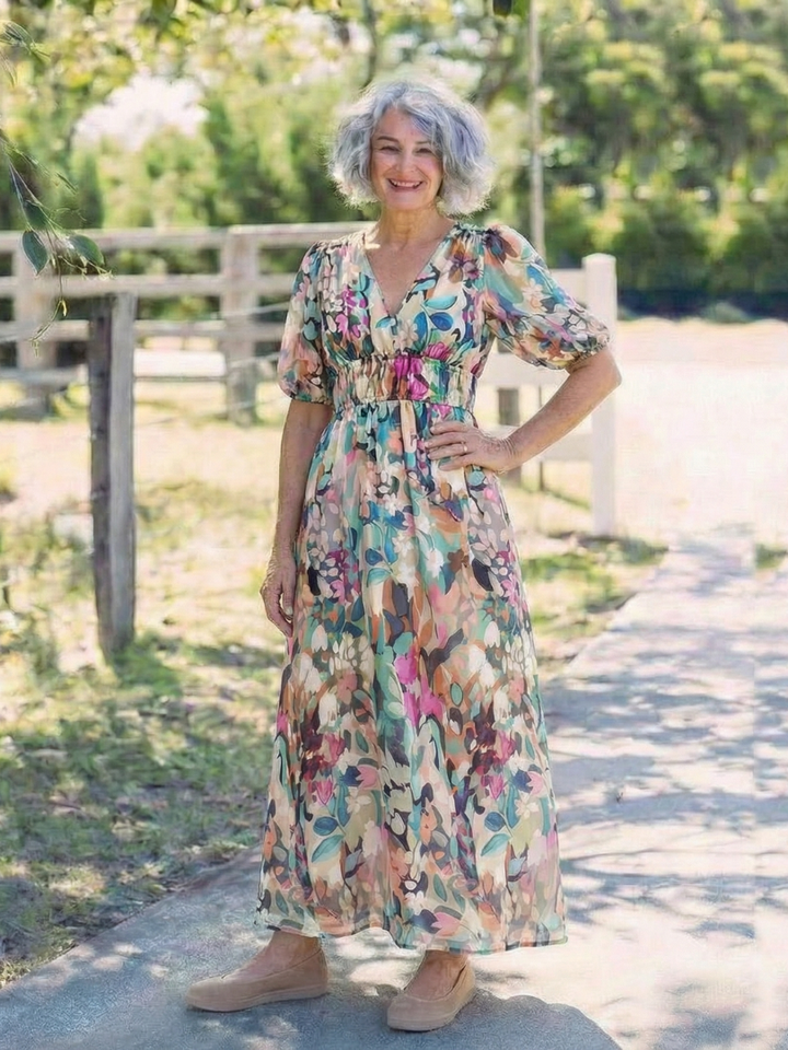 Konstanze | Damen V-Ausschnitt Blumendruck Midi Kleid - Floral - Image 4