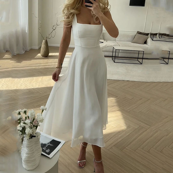 Kristina | Damen Ärmelloses Midi Kleid Quadratischer Ausschnitt - White - Image 1