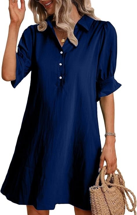 Kate | Damen Hemdkleid Schwarz 3/4 Arm Knopfleiste Midi