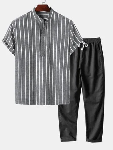 Nirdo | Herren Sommer Set Streifenhemd und Hose Freizeitset