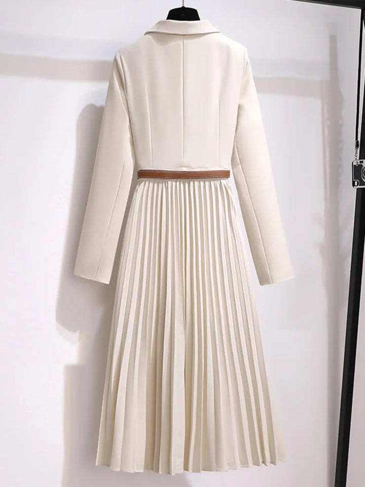 Larissa | Damen Plissee Midikleid mit Gürtel - Beige - Image 3