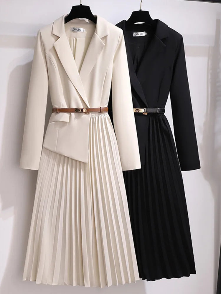 Larissa | Damen Plissee Midikleid mit Gürtel - Beige - Image 5