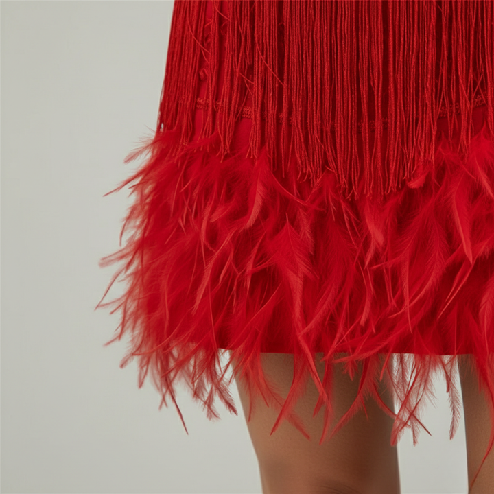 Lavinn | Damen Fransenkleid Minikleid mit Federn Träger - Red - Image 4