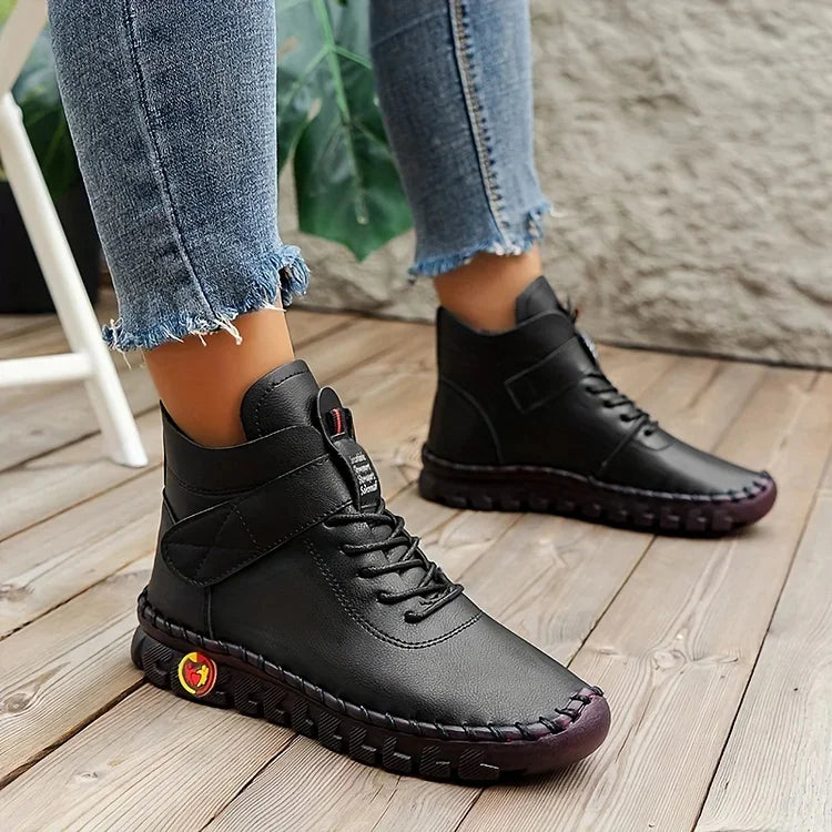 Nora | Damen Schnürstiefeletten Leder-Optik Ankle Boots Herbst