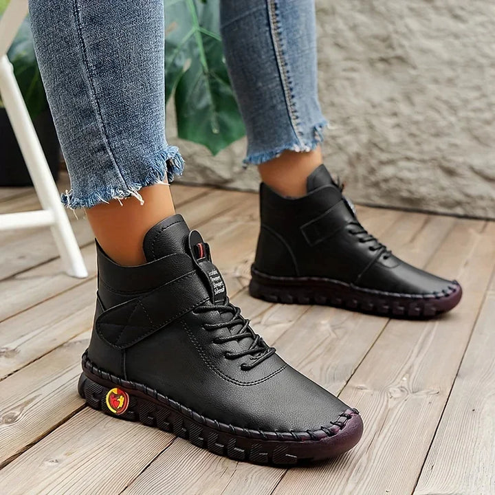 Nora | Damen Schnürstiefeletten Leder-Optik Ankle Boots Herbst