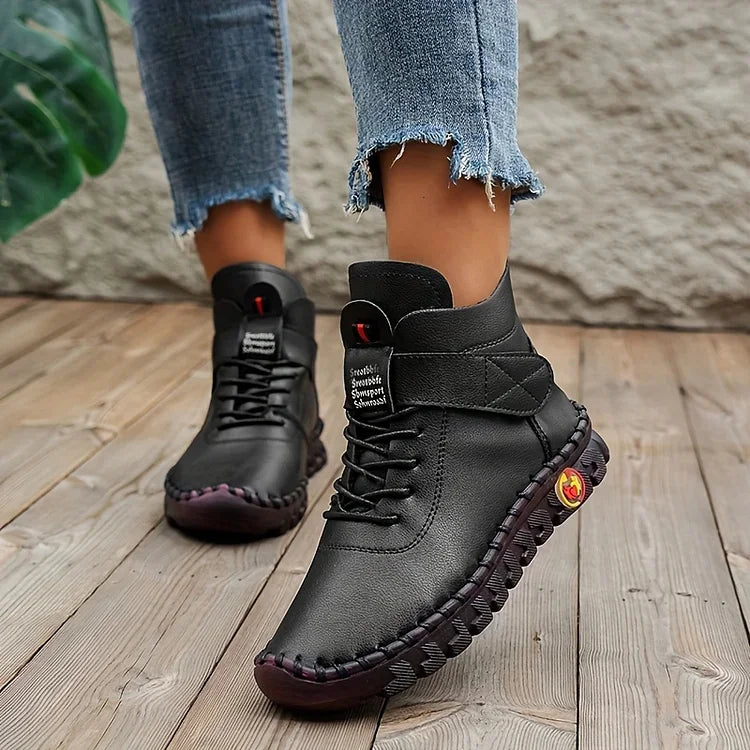 Nora | Damen Schnürstiefeletten Leder-Optik Ankle Boots Herbst