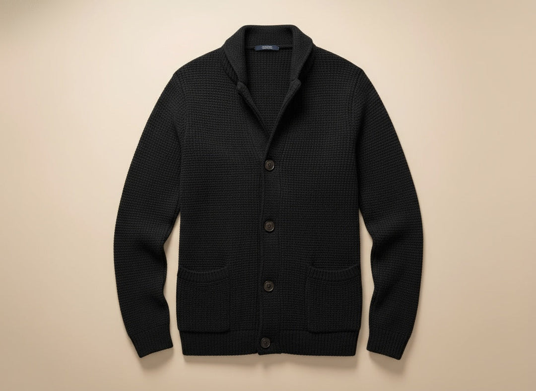 Leander | Herren Strickjacke Schalkragen Waffelstrick - Black - Image 2