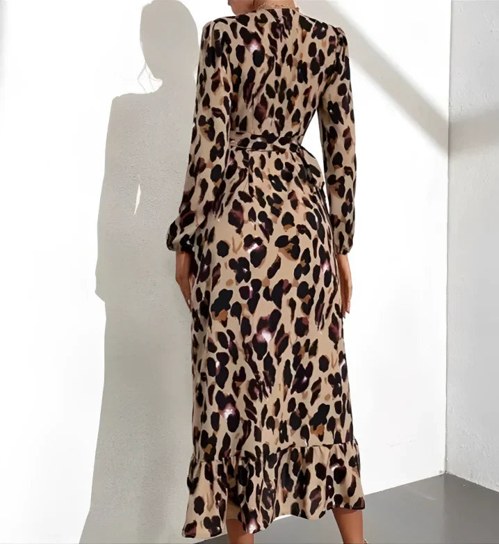 Naomi | Damen Leopardenmuster Kleid Langarm Midi V-Ausschnitt