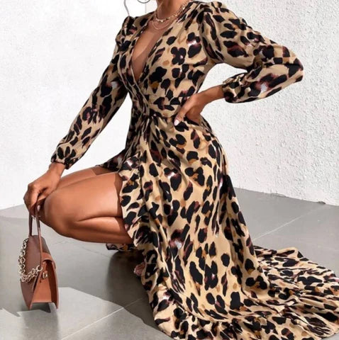 Naomi | Damen Leopardenmuster Kleid Langarm Midi V-Ausschnitt