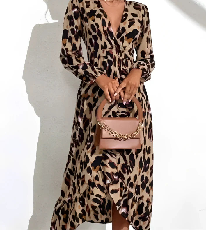 Naomi | Damen Leopardenmuster Kleid Langarm Midi V-Ausschnitt