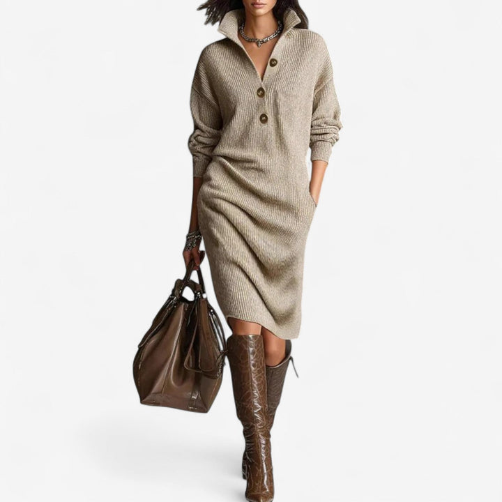 Lena | Damen Strickkleid mit Kragen Midi, 70 - Beige - Image 1