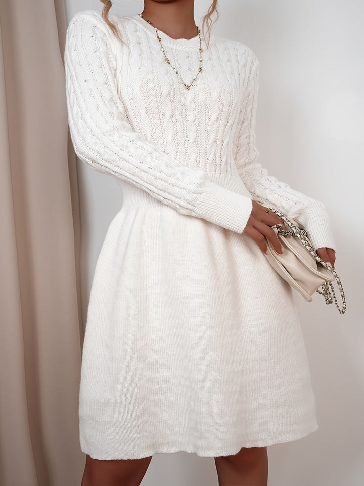 Lena | Damen Strickkleid mit Zopfmuster, Mini - Cream - Image 10