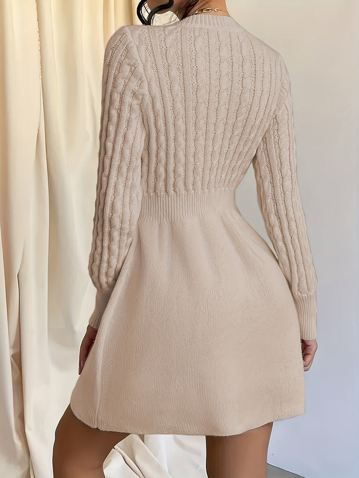 Lena | Damen Strickkleid mit Zopfmuster, Mini - Cream - Image 8