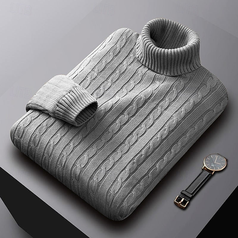 Leofric | Herren Rollkragen Strickpullover Zopfmuster - Light Grey - Image 1