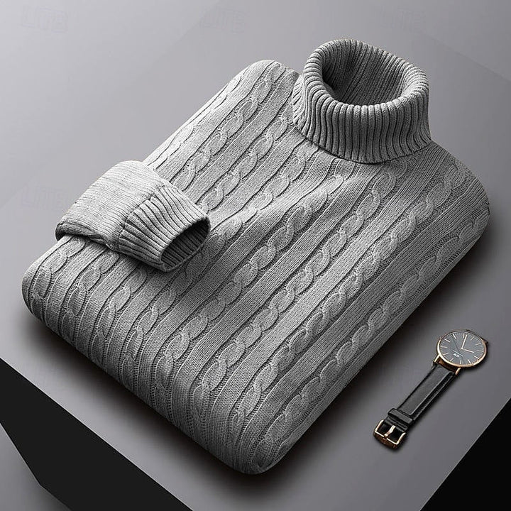 Leofric | Herren Rollkragen Strickpullover Zopfmuster - Light Grey - Image 1