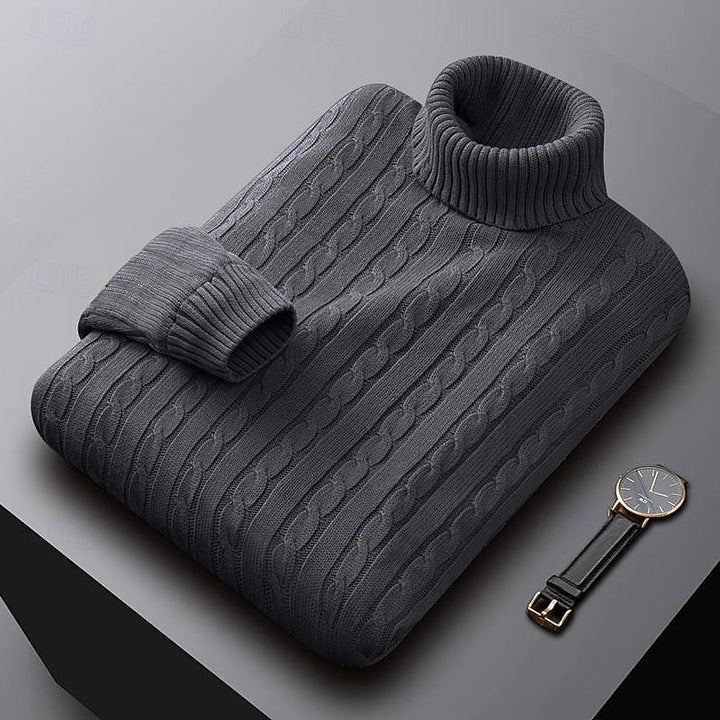 Leofric | Herren Rollkragen Strickpullover Zopfmuster - Light Grey - Image 13