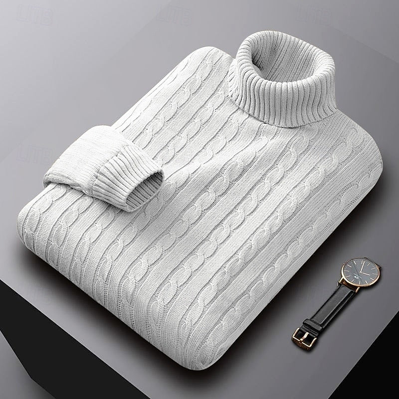Leofric | Herren Rollkragen Strickpullover Zopfmuster - Light Grey - Image 2
