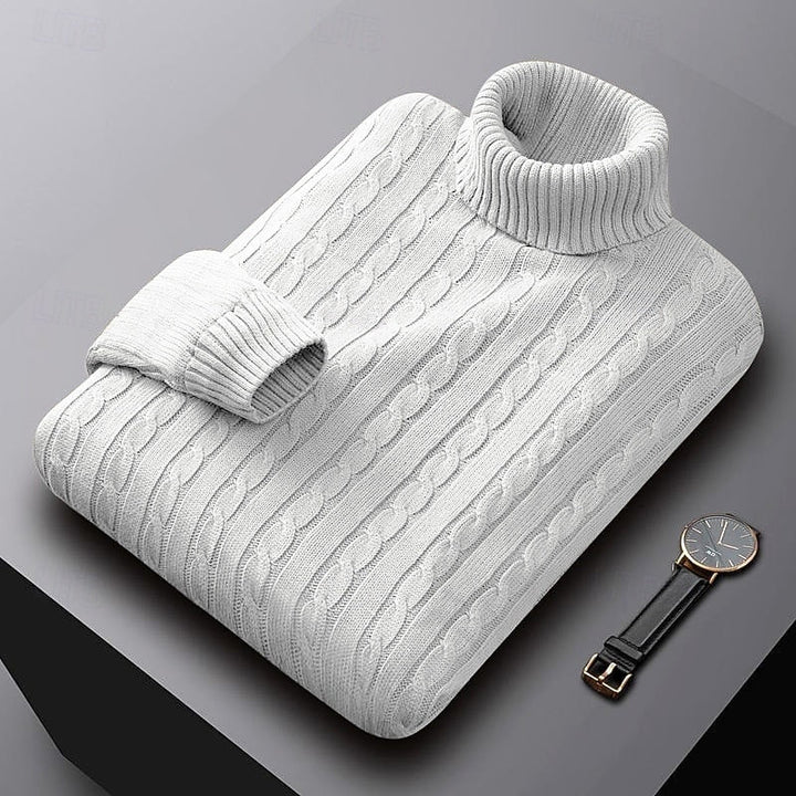 Leofric | Herren Rollkragen Strickpullover Zopfmuster - Light Grey - Image 2