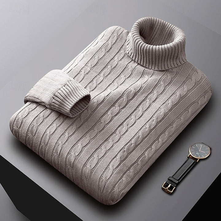 Leofric | Herren Rollkragen Strickpullover Zopfmuster - Light Grey - Image 3