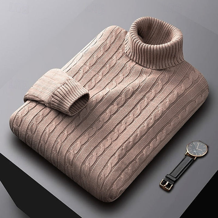 Leofric | Herren Rollkragen Strickpullover Zopfmuster - Light Grey - Image 9