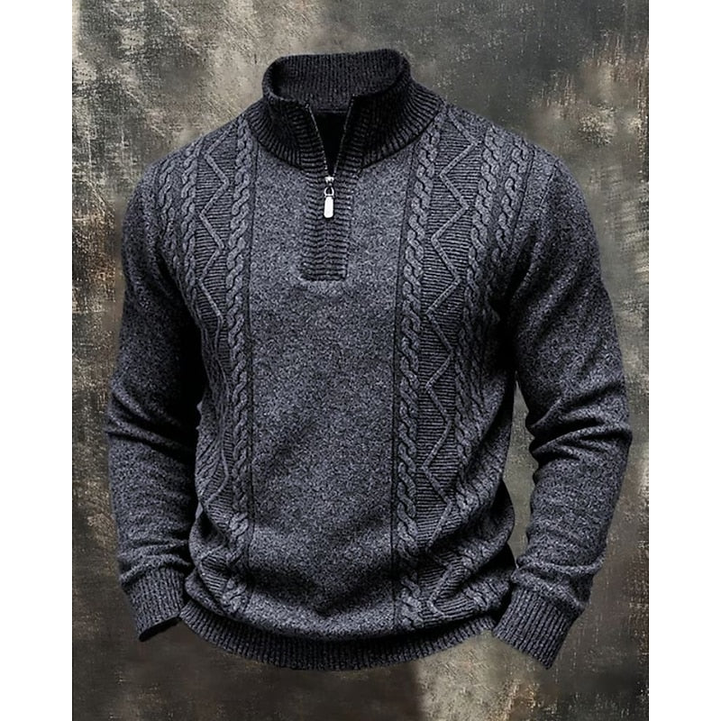 Leofwin | Herren Strickpullover Zopfmuster Quarter-Zip - Dark Grey - Image 1