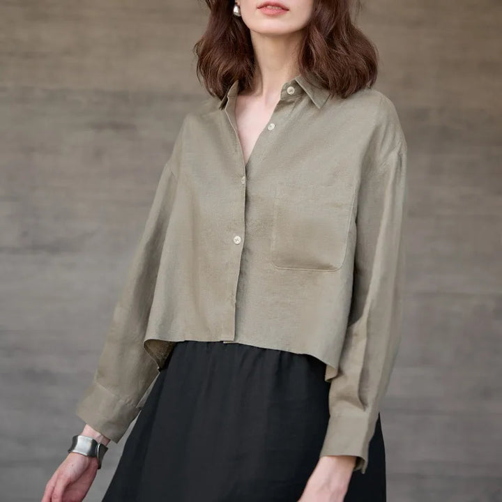 Leona | Damen Oversized Cropped Hemdbluse Langarm - Sage - Image 10