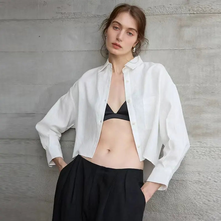 Leona | Damen Oversized Cropped Hemdbluse Langarm - Sage - Image 13