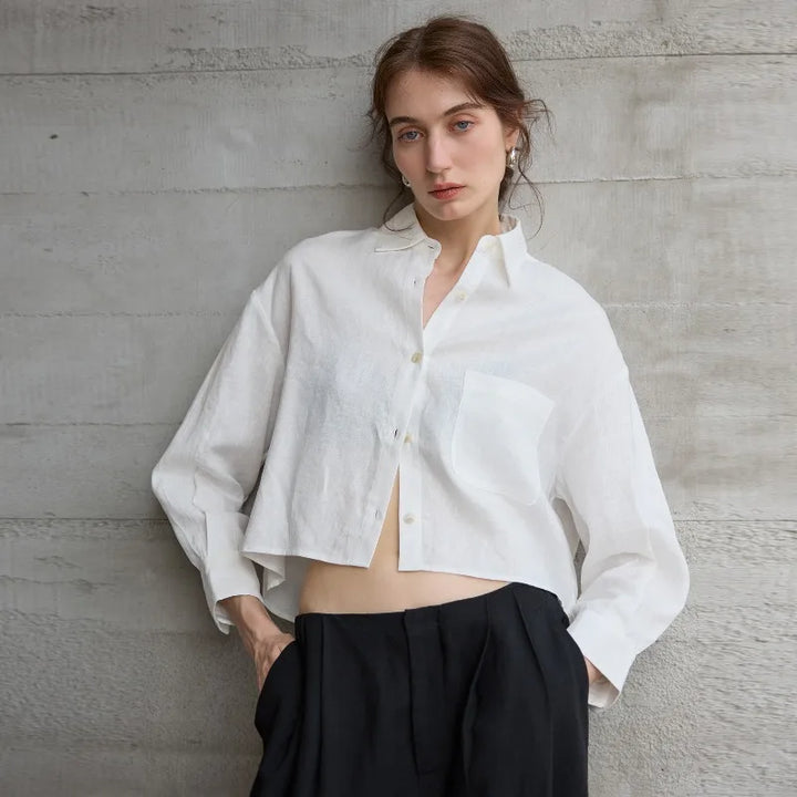 Leona | Damen Oversized Cropped Hemdbluse Langarm - Sage - Image 14