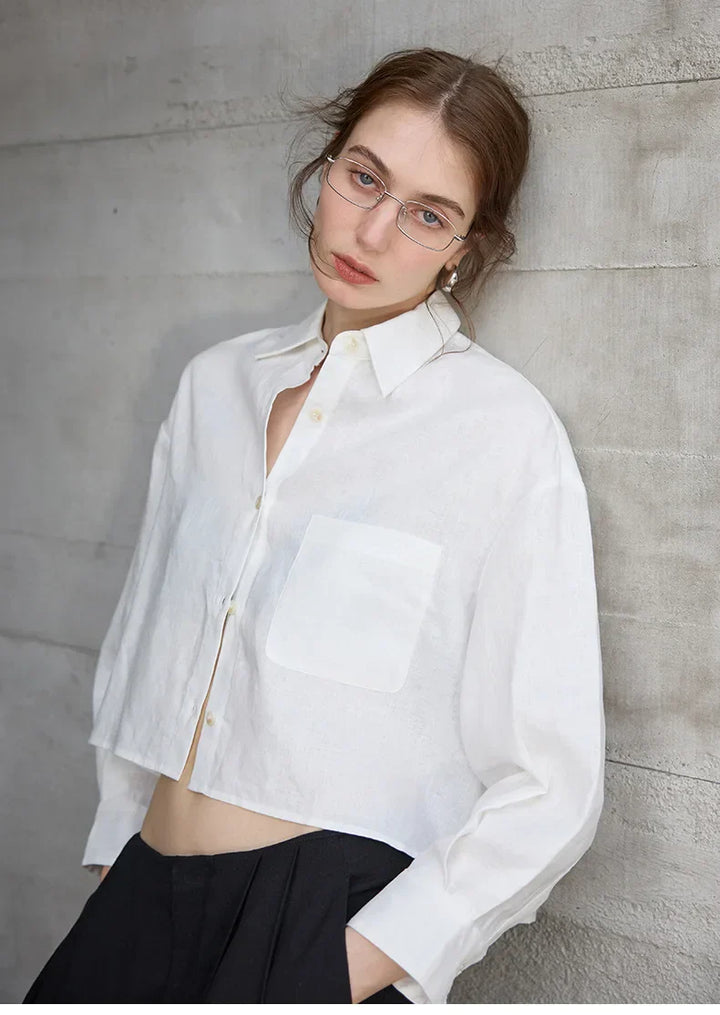 Leona | Damen Oversized Cropped Hemdbluse Langarm - Sage - Image 15