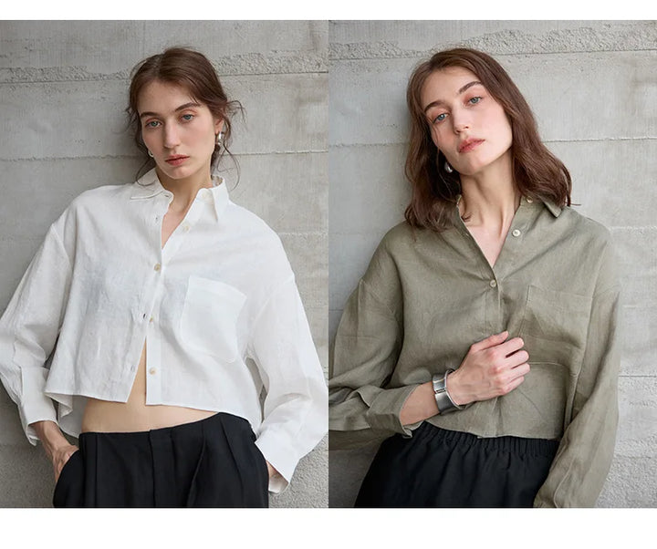 Leona | Damen Oversized Cropped Hemdbluse Langarm - Sage - Image 16