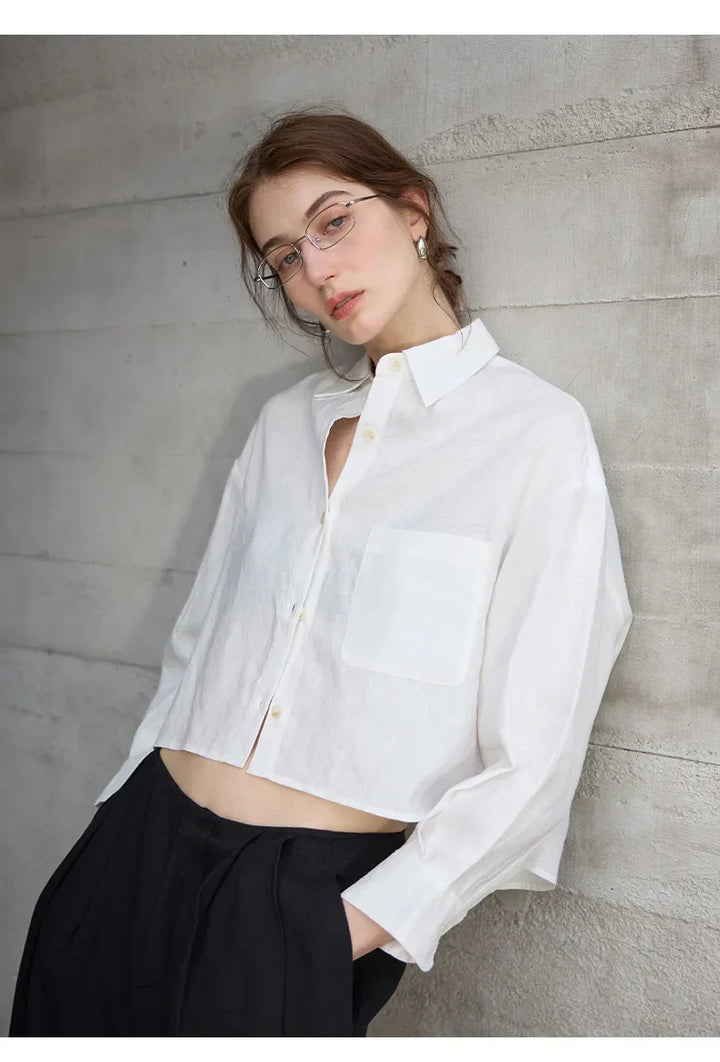 Leona | Damen Oversized Cropped Hemdbluse Langarm - Sage - Image 17