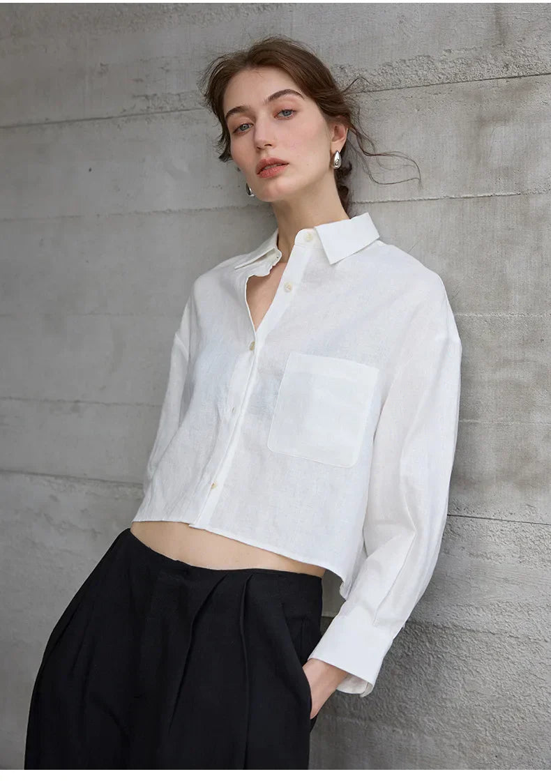 Leona | Damen Oversized Cropped Hemdbluse Langarm - Sage - Image 21