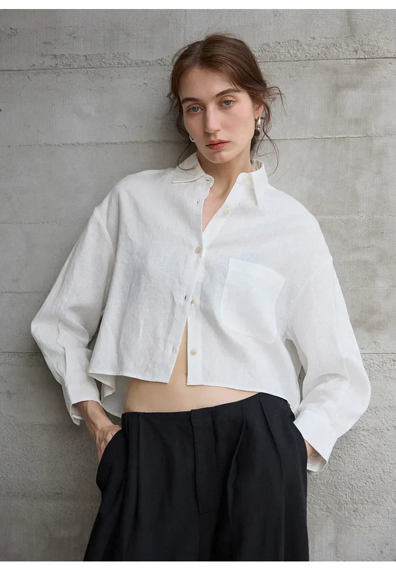 Leona | Damen Oversized Cropped Hemdbluse Langarm - Sage - Image 22