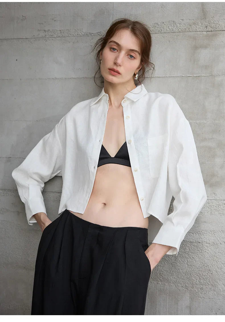 Leona | Damen Oversized Cropped Hemdbluse Langarm - Sage - Image 23