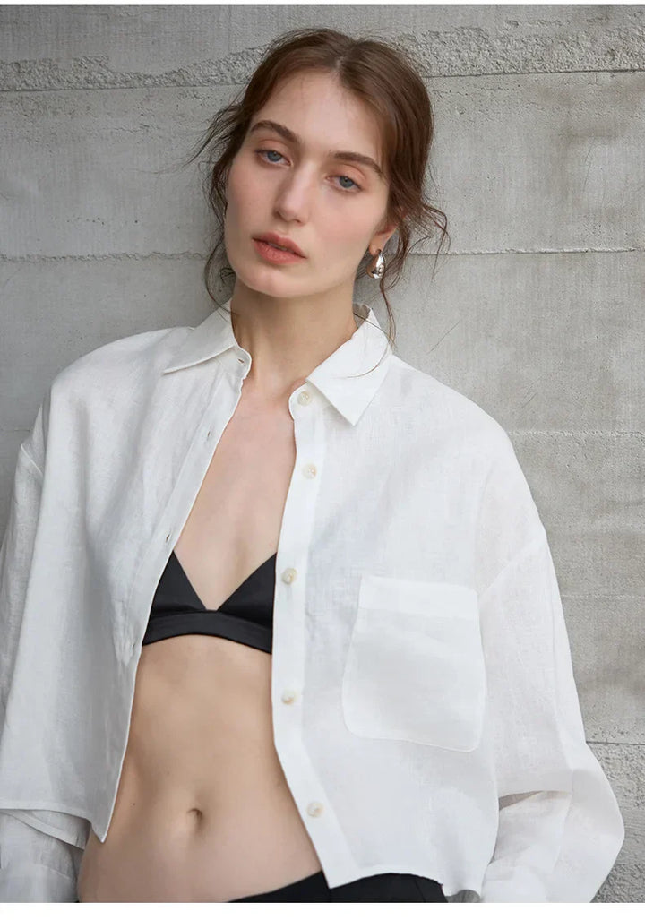 Leona | Damen Oversized Cropped Hemdbluse Langarm - Sage - Image 24