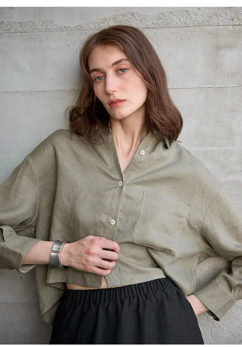 Leona | Damen Oversized Cropped Hemdbluse Langarm - Sage - Image 26