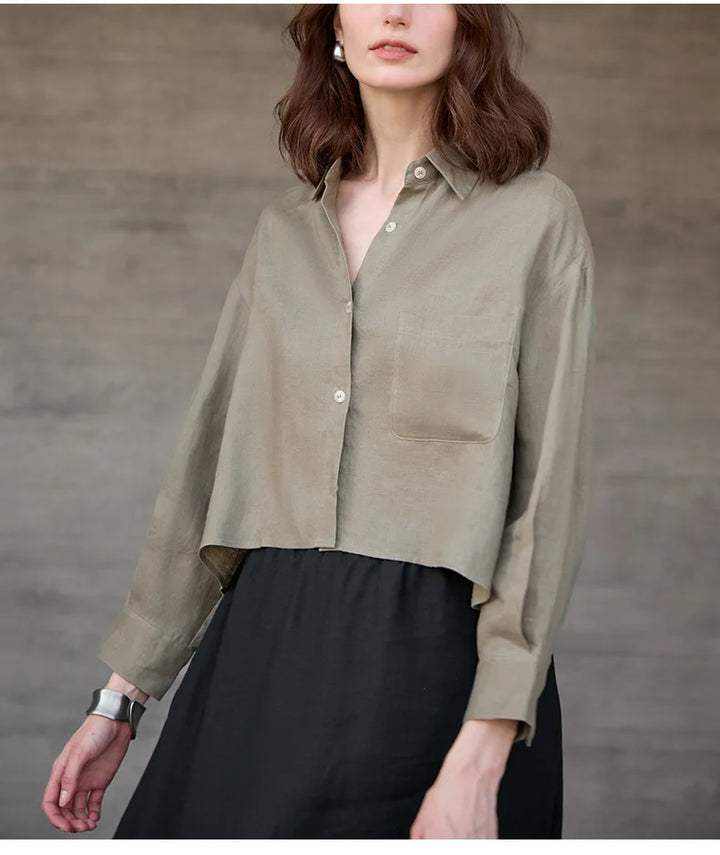 Leona | Damen Oversized Cropped Hemdbluse Langarm - Sage - Image 28
