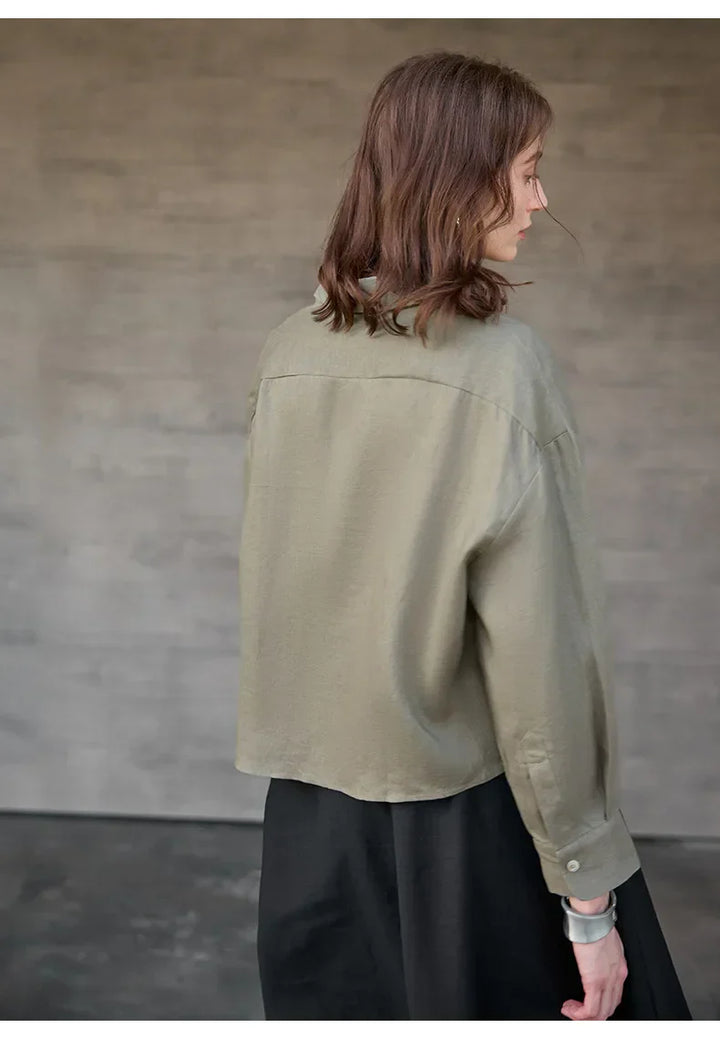 Leona | Damen Oversized Cropped Hemdbluse Langarm - Sage - Image 30