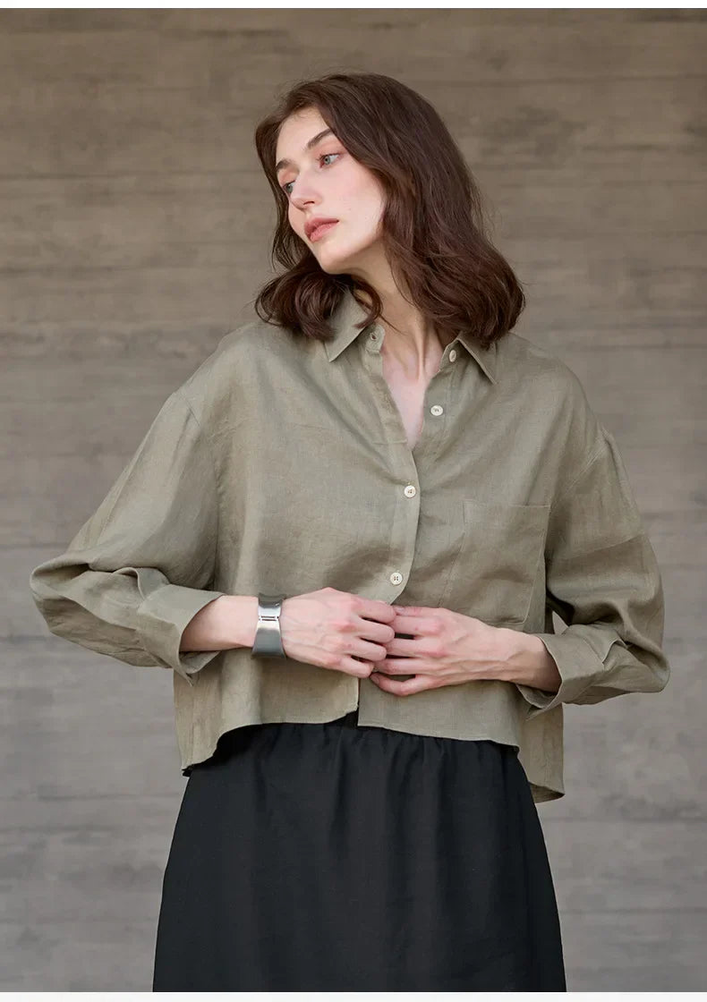 Leona | Damen Oversized Cropped Hemdbluse Langarm - Sage - Image 31