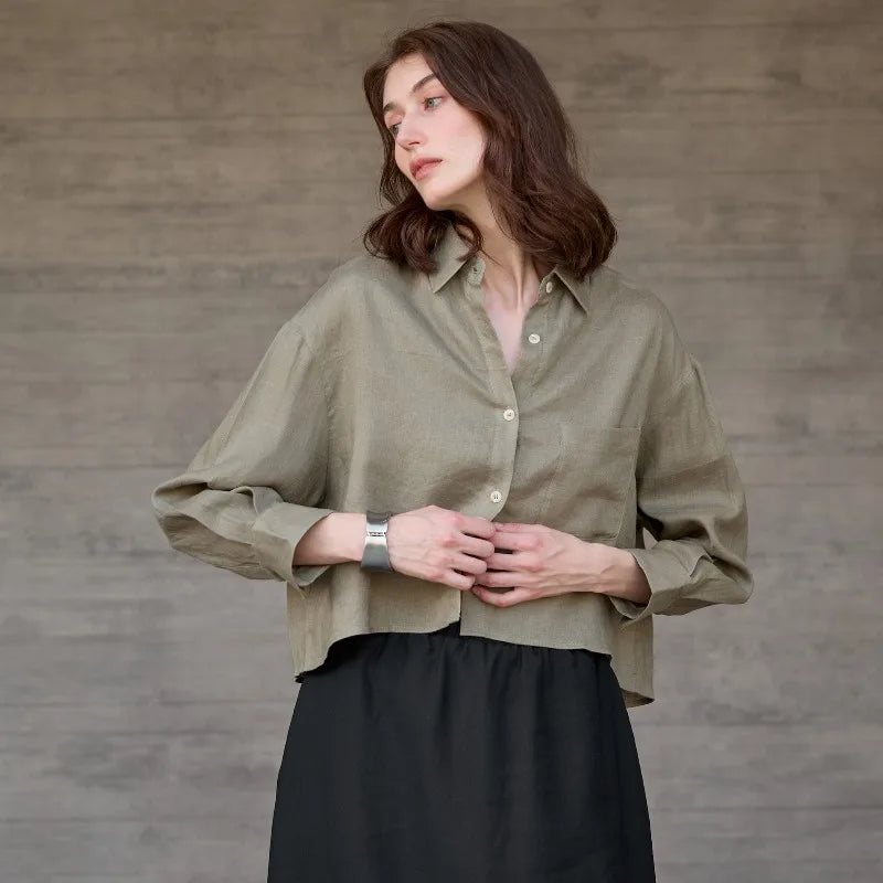 Leona | Damen Oversized Cropped Hemdbluse Langarm - Sage - Image 32
