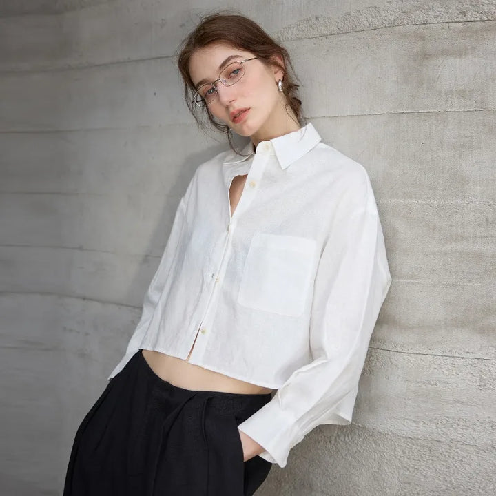 Leona | Damen Oversized Cropped Hemdbluse Langarm - Sage - Image 33