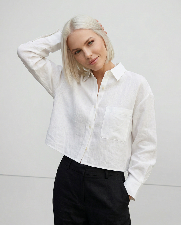 Leona | Damen Oversized Cropped Hemdbluse Langarm - Sage - Image 5