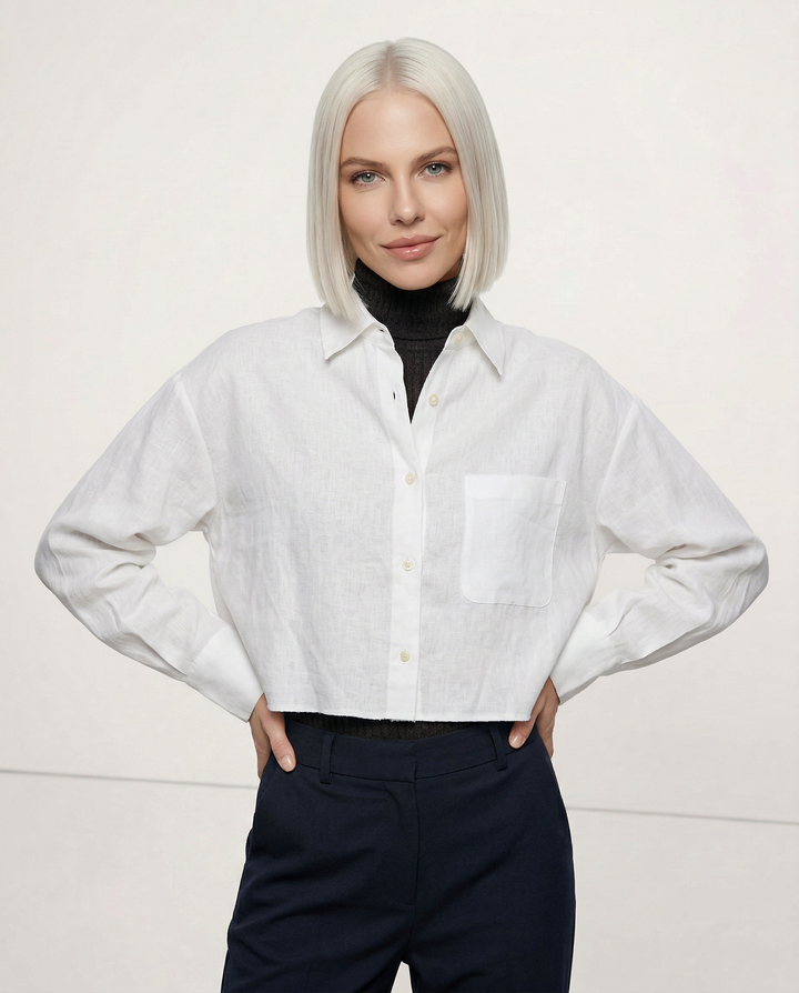 Leona | Damen Oversized Cropped Hemdbluse Langarm - Sage - Image 6
