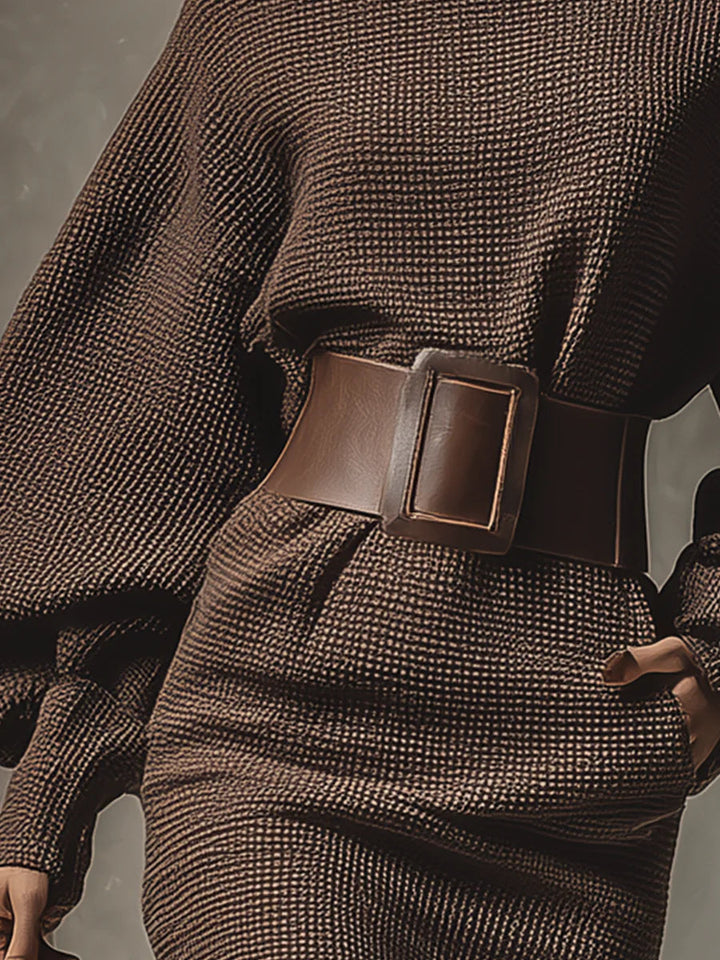 Leona | Damen Strickkleid mit Gürtel, Langarm Mini - Brown - Image 3