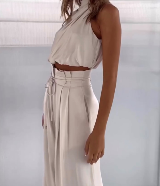 Leona | Damen Zweiteiler Neckholder Crop Top Weite Hose - Cream - Image 1