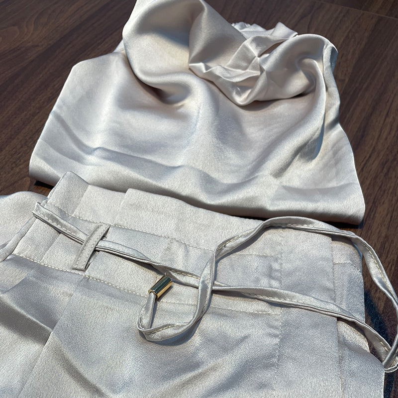 Leona | Damen Zweiteiler Neckholder Crop Top Weite Hose - Cream - Image 6